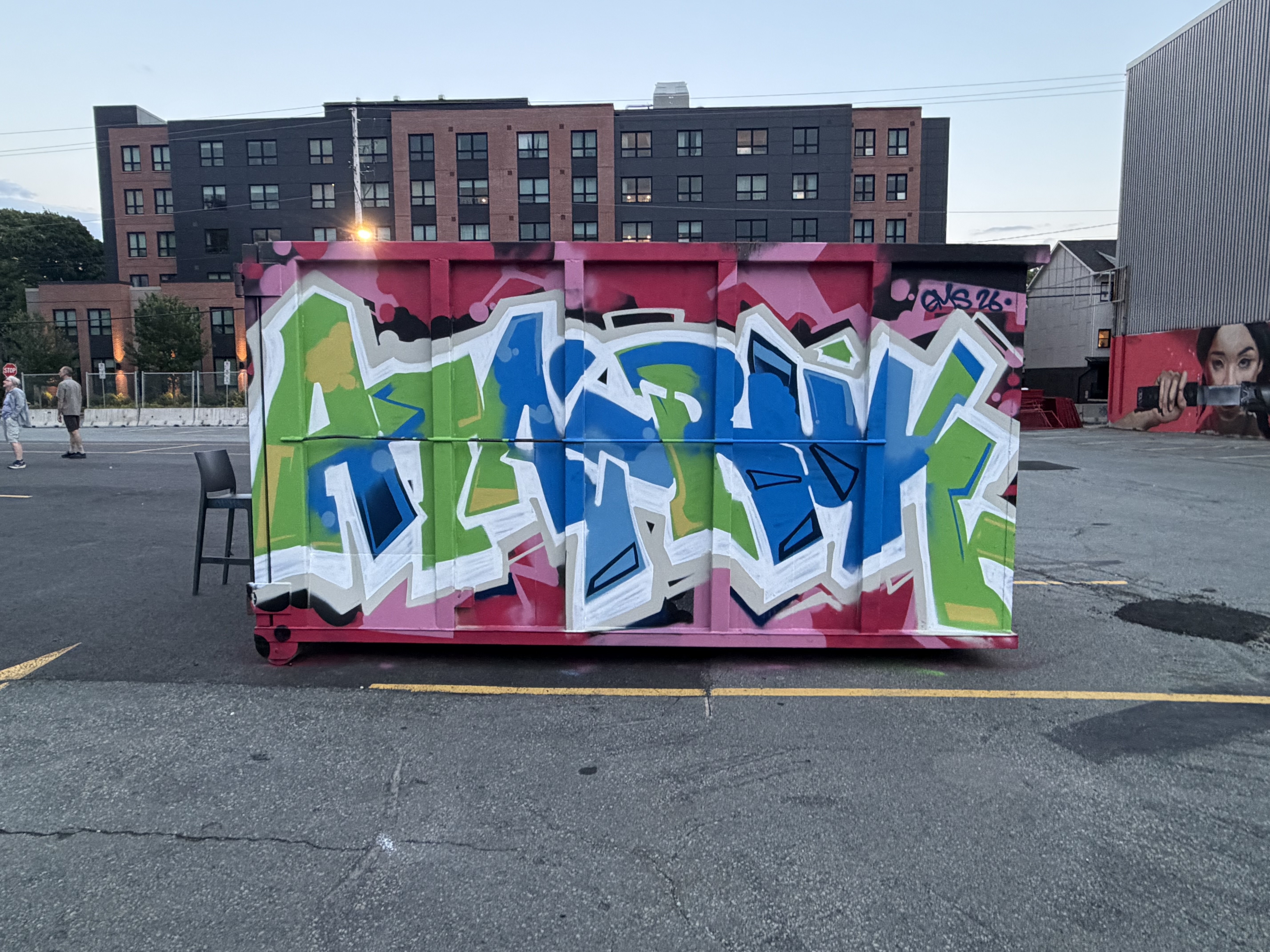 Painted dumpster with bright lettering